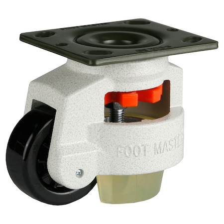 Foot Master Leveling Caster, 75 mm Nylon Wheel, 4 x 4-1/2 Plate, Swivel, 800 kg Cap, PU Foot Pad, Ivory GD-100-F-NYN-CUR-PUS